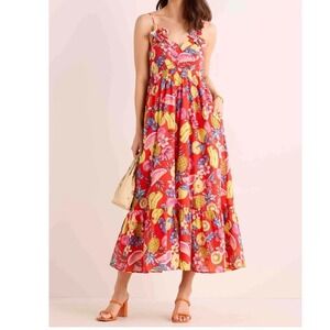 Fate Red Tropical Fruit Punch Maxi Dress Smocked Back Tropical Beach